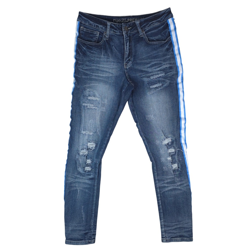 rue21 Premium Skinny Jeans Mens 28x30 Dark Wash Blue Distressed‎ Side Stripe